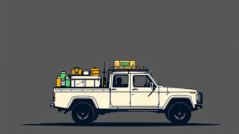 Flat illustration of an overland pickup truck loaded with camping gear on a roof rack.