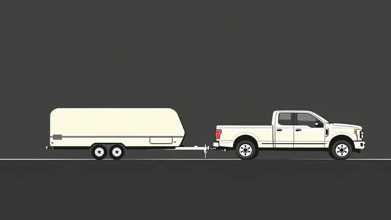 Flat illustration of a tow vehicle and trailer in side view, showing the hitch coupler where tongue weight presses down on the ball.