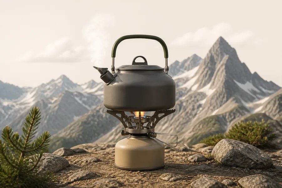 Steaming camp kettle at a high mountain campsite