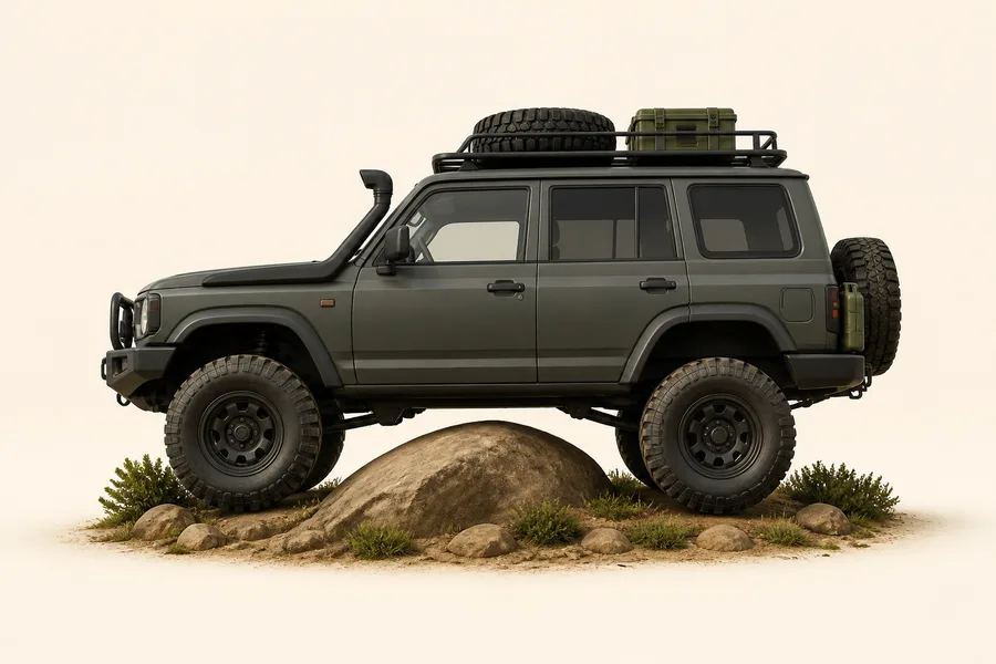 Lifted four-wheel drive clearing a large rock
