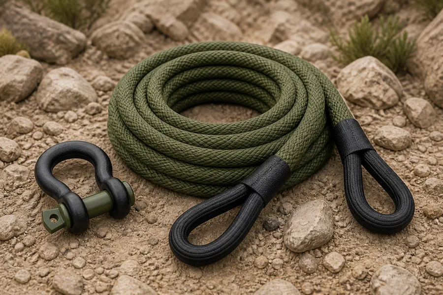 Coiled kinetic recovery rope and shackle