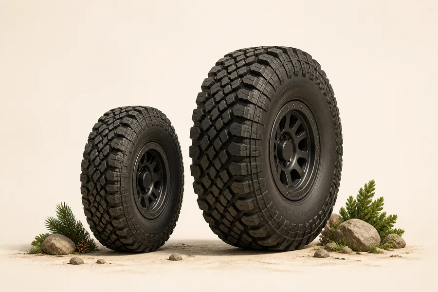 Two different-size all-terrain tires