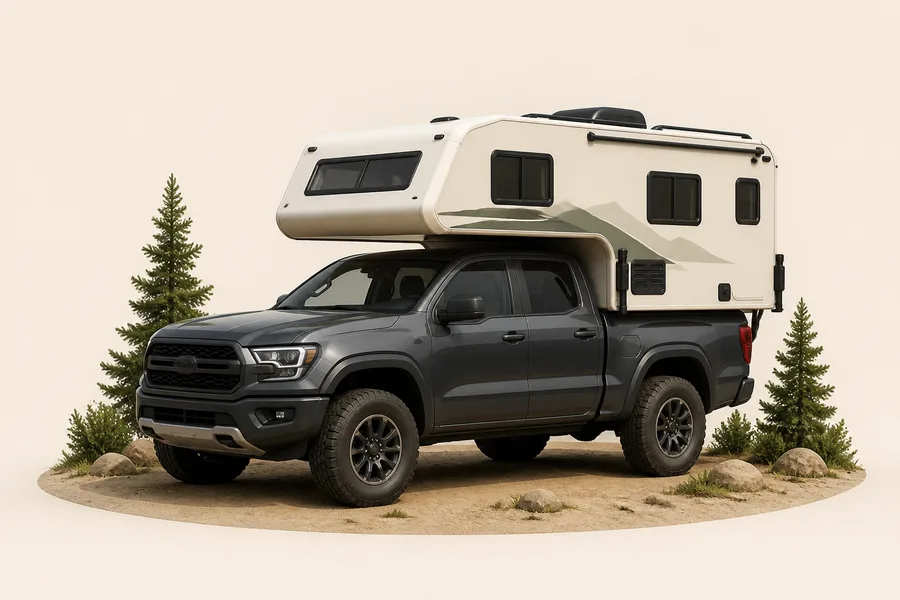 Pickup fitted with a slide-in camper