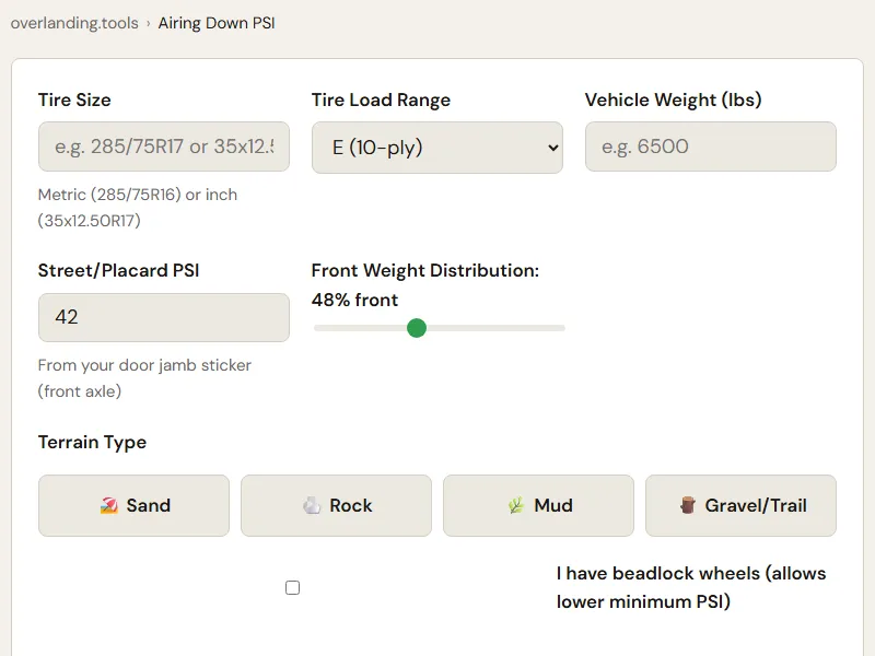 Preview of the embedded Airing Down Calculator