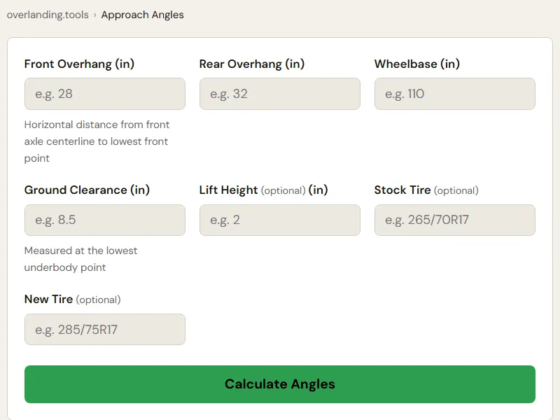 Preview of the embedded Approach, Departure and Breakover Angle Calculator
