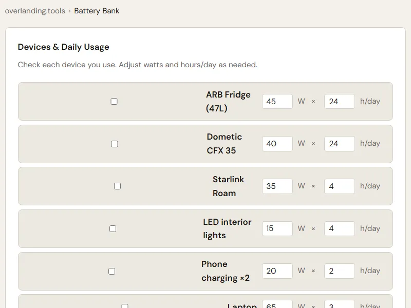 Preview of the embedded 12V Battery Bank Calculator