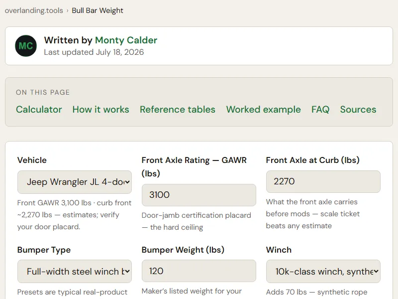 Preview of the embedded Bull Bar & Bumper Weight Calculator