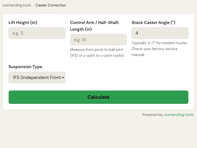 Preview of the embedded Caster Correction and CV Angle Calculator