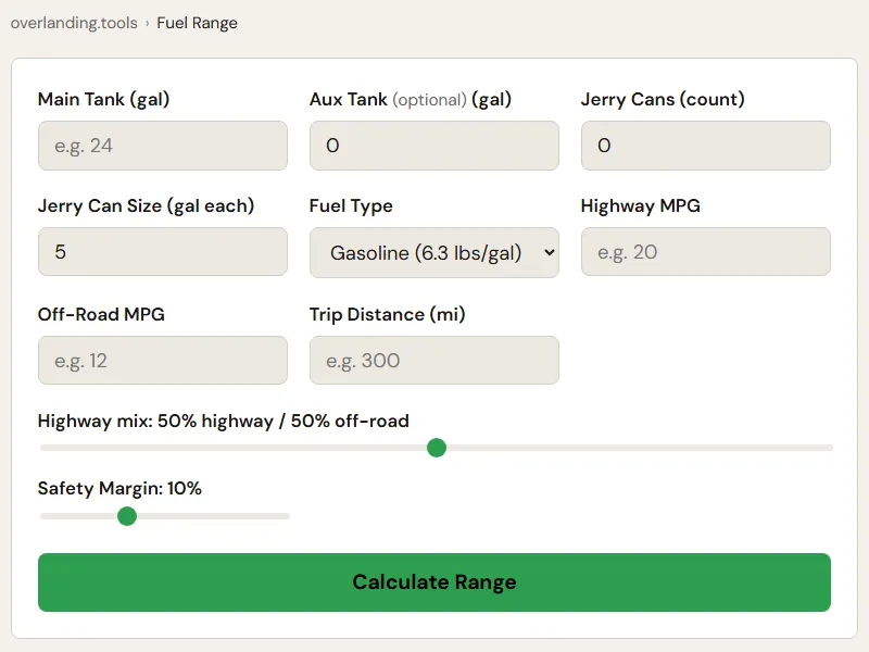 Preview of the embedded Overlanding Fuel Range Calculator