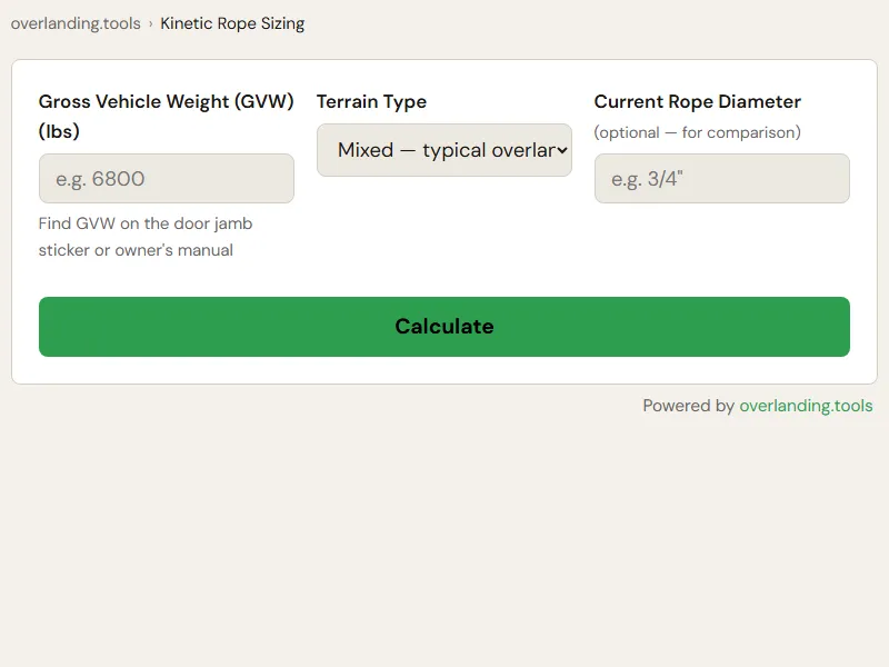 Preview of the embedded Kinetic Recovery Rope Size Calculator