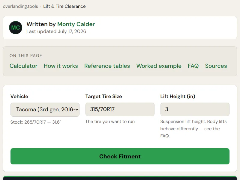 Preview of the embedded Lift Kit Tire Clearance Calculator