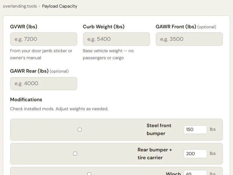 Preview of the embedded Payload Capacity Calculator