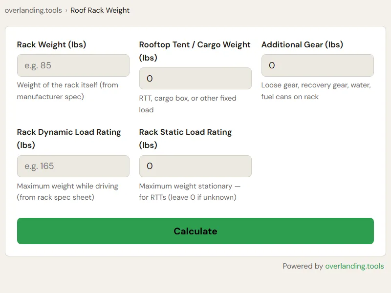 Preview of the embedded Roof Rack Weight and RTT Load Calculator