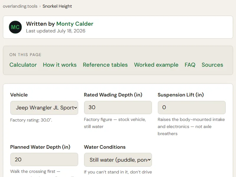 Preview of the embedded Snorkel Height & Fording Depth Calculator