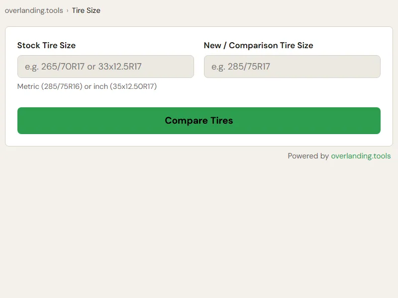 Preview of the embedded Tire Size Comparison Calculator