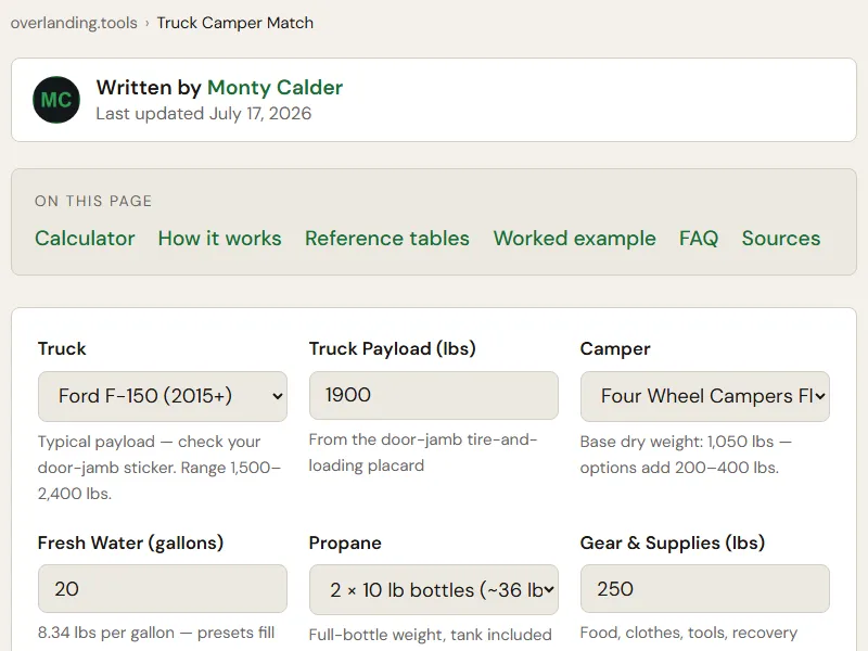 Preview of the embedded Truck Camper Compatibility Calculator