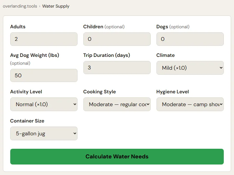 Preview of the embedded Overlanding Water Calculator