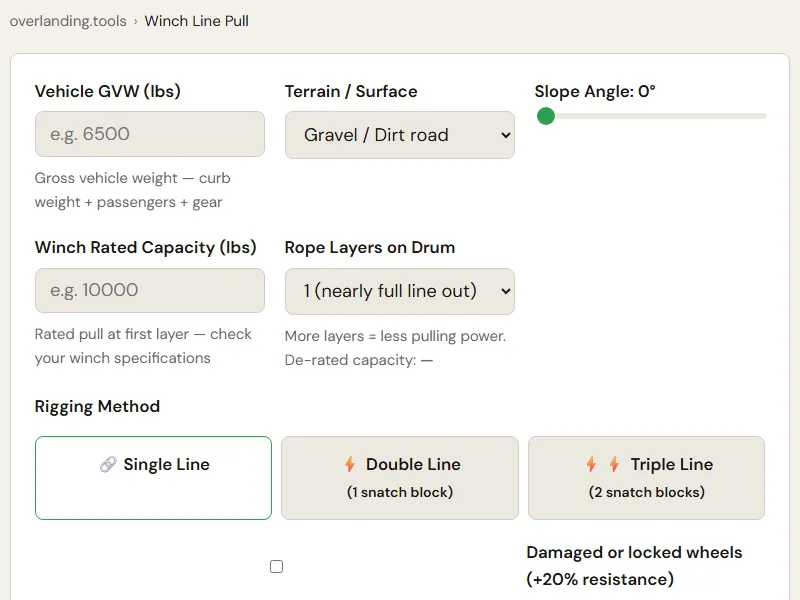 Preview of the embedded Winch Line Pull Calculator